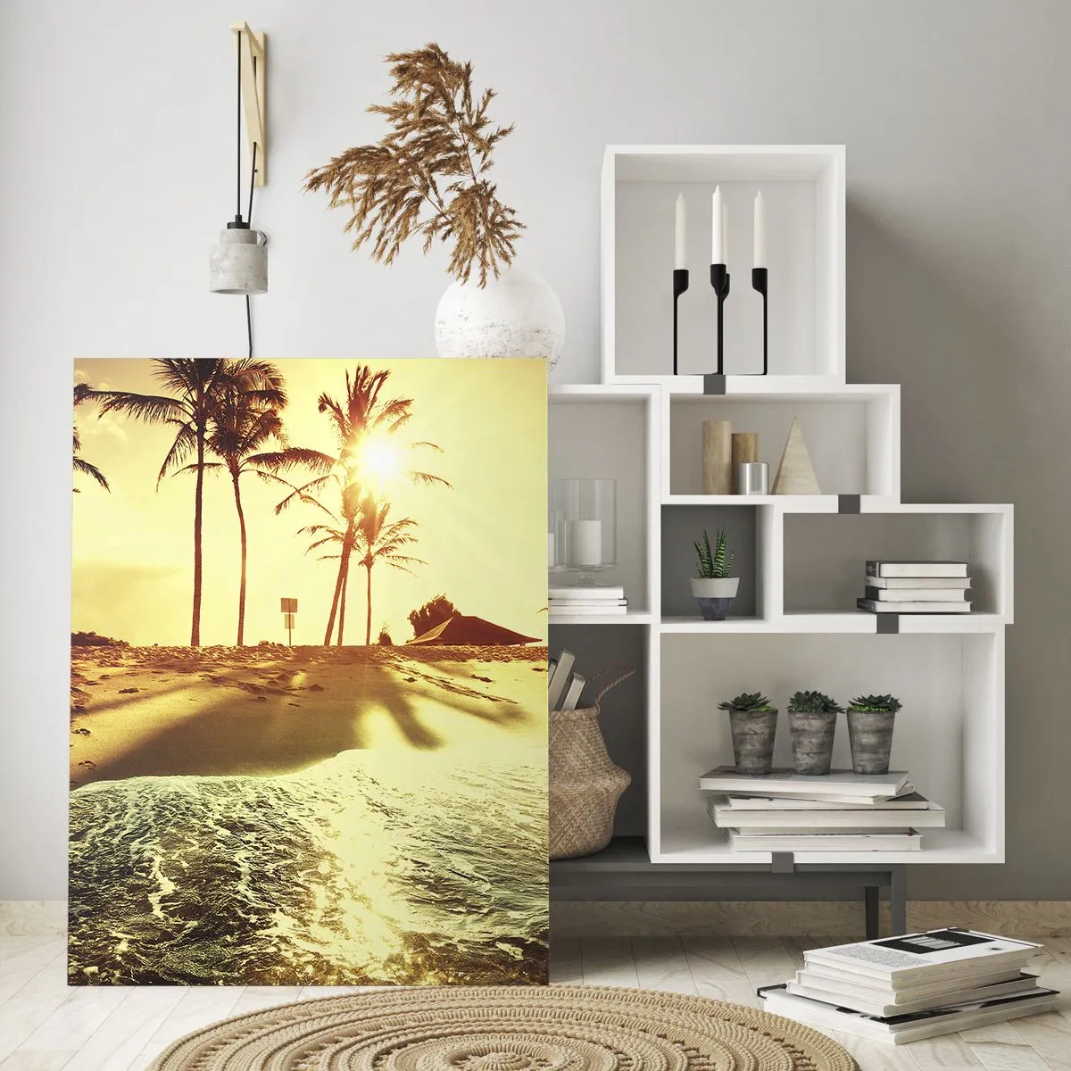 Cuadro sobre vidrio - Impresiones sobre Vidrio - Una playa con palmeras iluminada por un cálido atardecer. - 80x120cm - Una tarde californiana - Decoración de pared moderna para salón y dormitorio ARTTOR