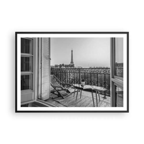 Póster en marco negro - Vista de la Torre Eiffel desde el balcón con tumbonas y una mesa. - 100x70cm - Una tarde parisina - Decoración de pared moderna para salón y dormitorio ARTTOR