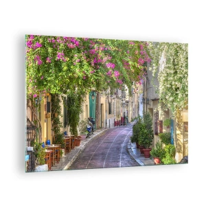 Cuadro sobre vidrio - Impresiones sobre Vidrio - Una calle encantadora con árboles en flor. - 70x50cm - Un callejón floreciente - Decoración de pared moderna para salón y dormitorio ARTTOR