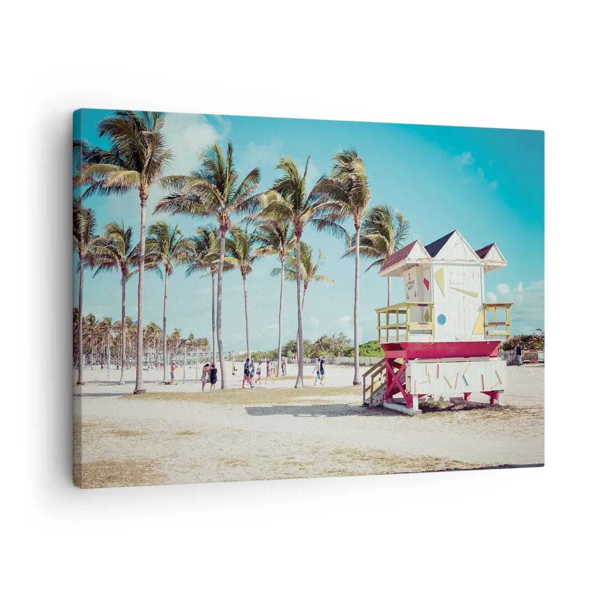 Cuadro sobre lienzo - Impresión de Imagen - Una playa con palmeras y una torre de salvavidas al fondo. - 70x50cm - Un hermoso día por delante - Decoración de pared moderna para salón y dormitorio ARTTOR