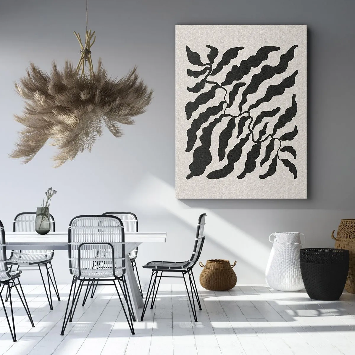 Cuadro sobre lienzo - Impresión de Imagen - Ramitas con hojas en negro sobre un fondo claro - 80x120cm - La naturaleza de un cuadrado - Decoración de pared moderna para salón y dormitorio ARTTOR