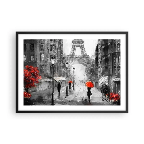 Póster en marco negro - Una calle con vistas a la Torre Eiffel y sombrillas rojas. - 70x50cm - Todos los caminos conducen a ella - Decoración de pared moderna para salón y dormitorio ARTTOR