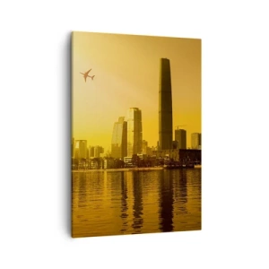 Cuadro sobre lienzo - Impresión de Imagen - Panorama de la ciudad al atardecer con rascacielos y un avión. - 50x70cm - La ciudad dorada - Decoración de pared moderna para salón y dormitorio ARTTOR