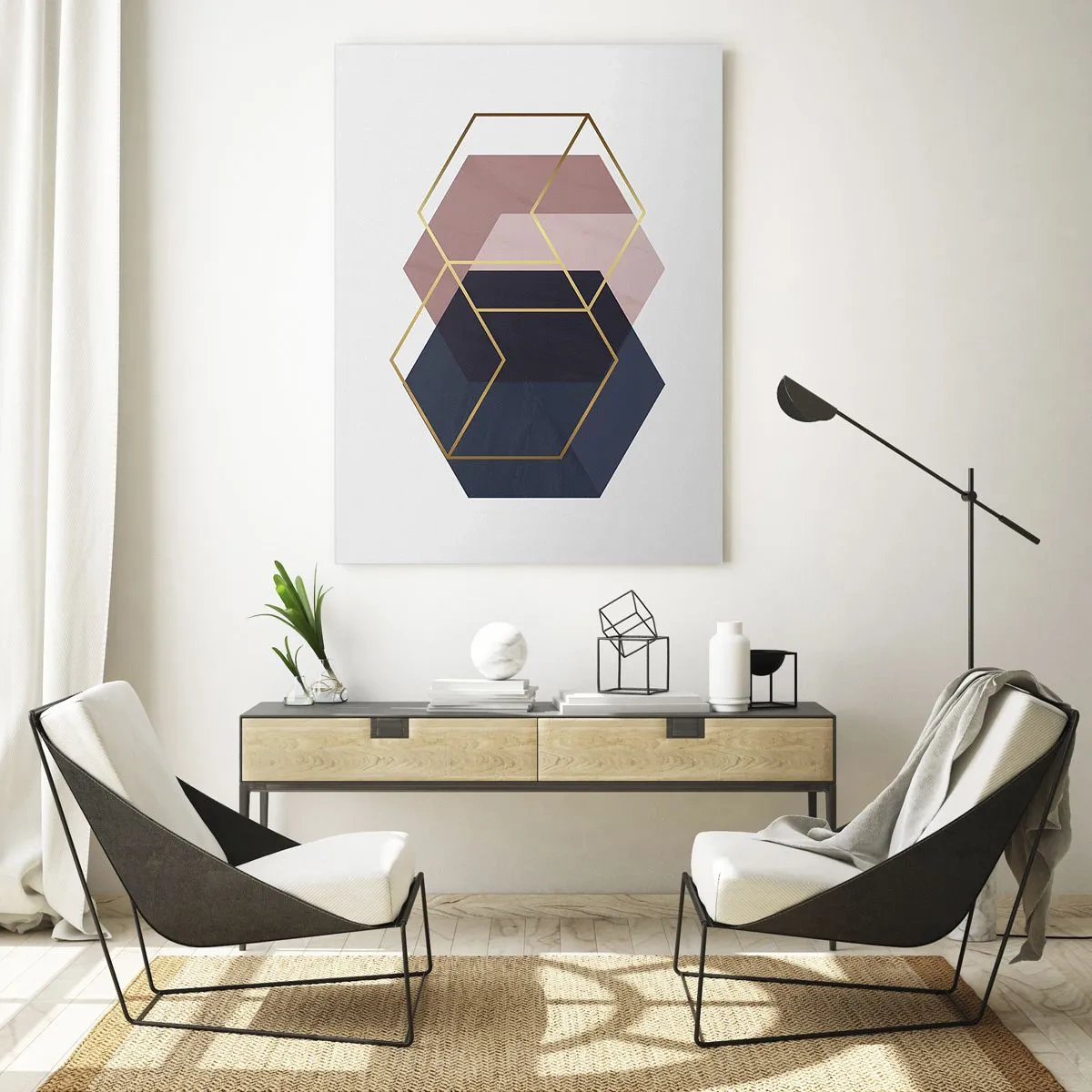 Cuadro sobre vidrio - Impresiones sobre Vidrio - Contornos dorados de cubos sobre un fondo de sólidos azul marino y rosa. - 50x70cm - El poder de la sencillez - Decoración de pared moderna para salón y dormitorio ARTTOR