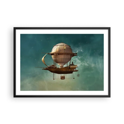 Póster en marco negro - Un dirigible fantástico contra el cielo verdoso. - 70x50cm - Julio Verne saluda - Decoración de pared moderna para salón y dormitorio ARTTOR