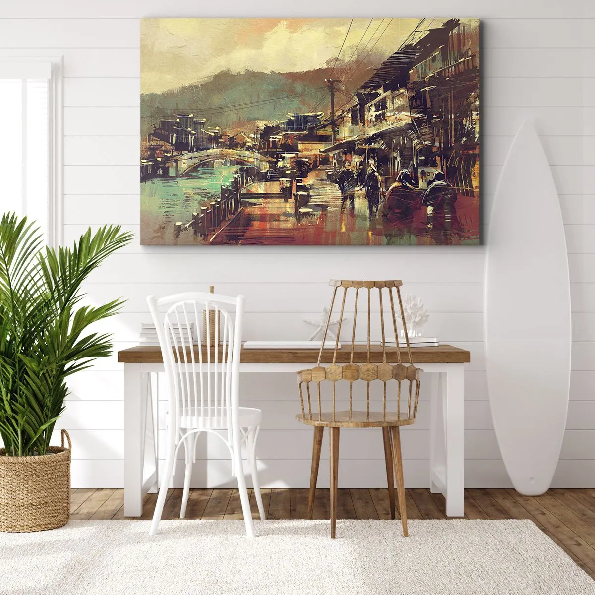 Cuadro sobre lienzo - Impresión de Imagen - Un pueblo con un puente y calles de estilo artístico. - 70x50cm - La vida como riqueza de grises - Decoración de pared moderna para salón y dormitorio ARTTOR