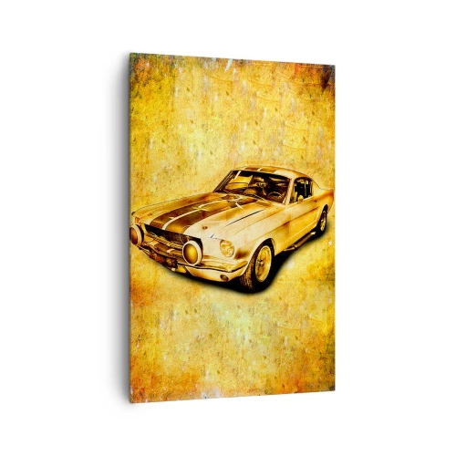 Cuadro sobre lienzo - Impresión de Imagen - Coche deportivo retro clásico sobre un fondo vintage en tonos dorados. - 80x120cm - Los locos años 70. - Decoración de pared moderna para salón y dormitorio ARTTOR