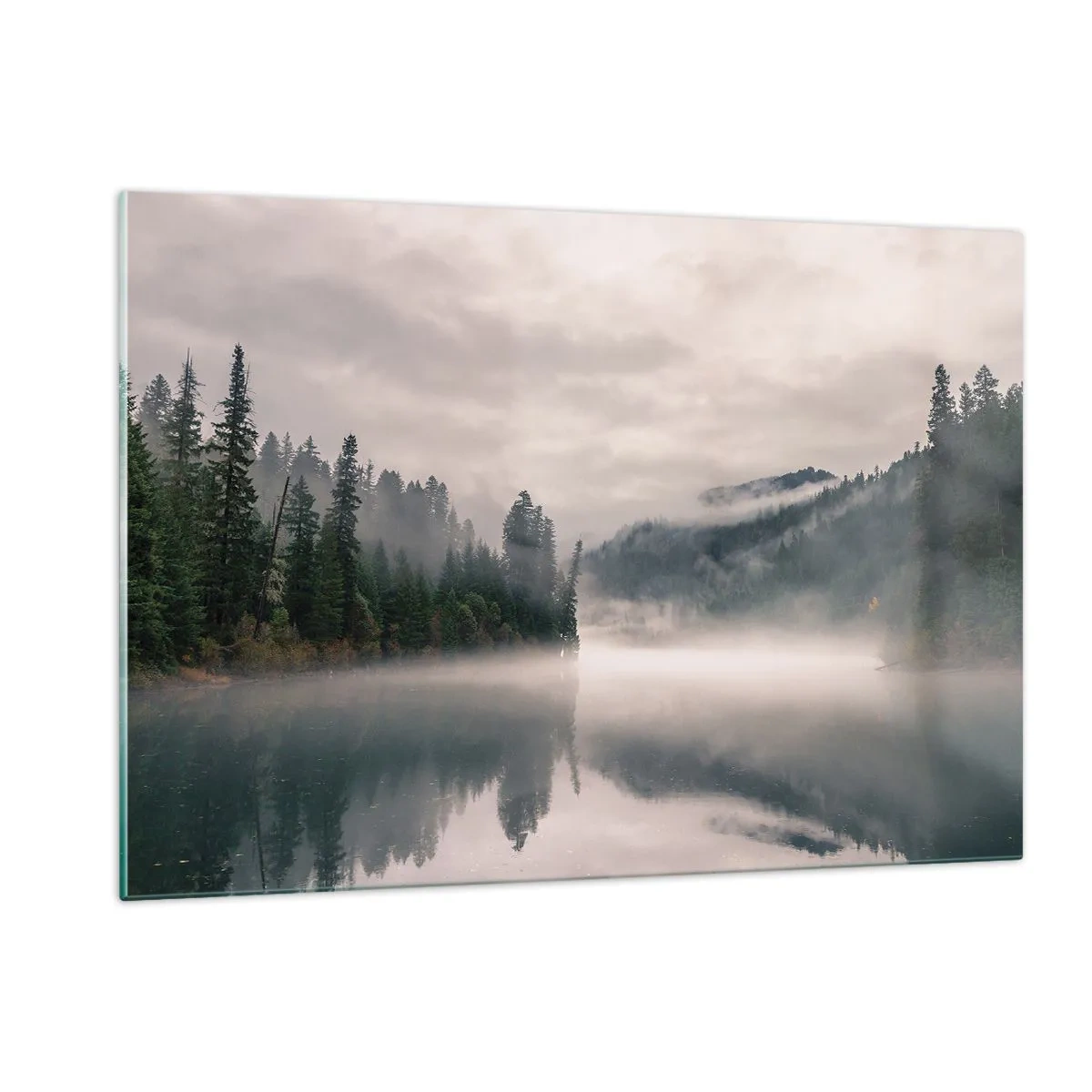 Cuadro sobre vidrio - Impresiones sobre Vidrio - Vista matutina de un lago en el bosque, envuelto en niebla. - 120x80cm - En el ensueño, en la niebla - Decoración de pared moderna para salón y dormitorio ARTTOR