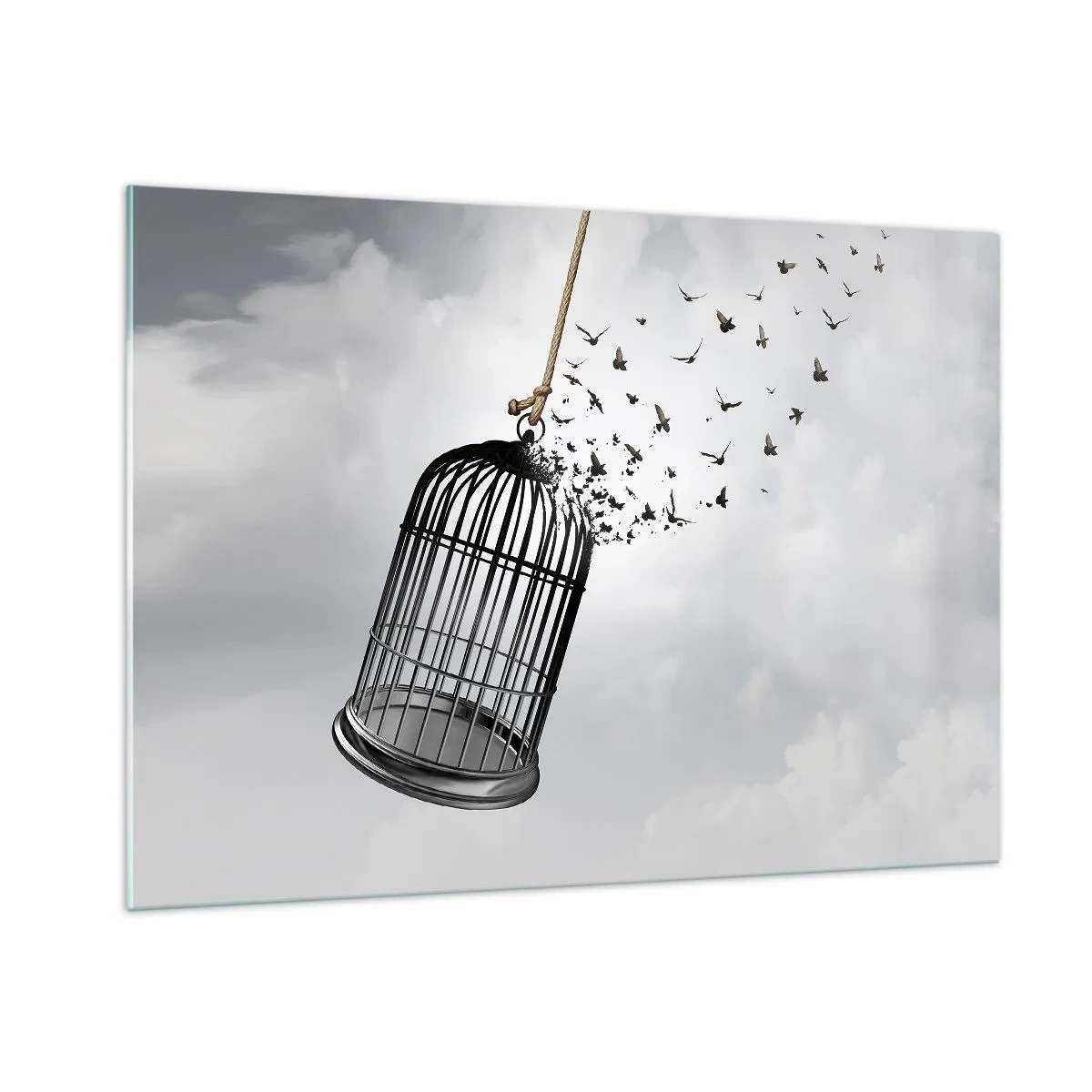 Cuadro sobre vidrio - Impresiones sobre Vidrio - La apertura de la jaula y los pájaros saliendo de ella contra el cielo. - 100x70cm - Fe... Esperanza... ¡Libertad! - Decoración de pared moderna para salón y dormitorio ARTTOR