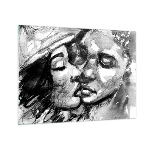 Cuadro sobre vidrio - Impresiones sobre Vidrio - Boceto en blanco y negro de un tierno beso. - 70x50cm - Un momento tierno - Decoración de pared moderna para salón y dormitorio ARTTOR