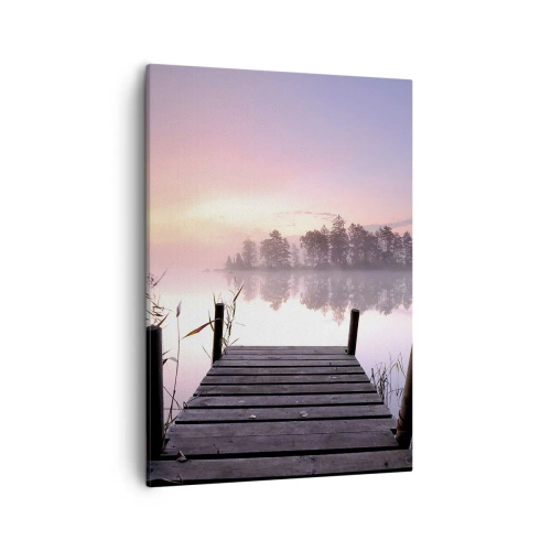 Cuadro sobre lienzo - Impresión de Imagen - Un embarcadero junto al lago al amanecer con niebla y un cielo pastel. - 50x70cm - De la niebla lila... - Decoración de pared moderna para salón y dormitorio ARTTOR