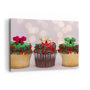Cuadro sobre lienzo - Impresión de Imagen - Cupcakes navideños con chispas de colores y lazos. - 100x70cm - Dulzura hasta el lazo - Decoración de pared moderna para salón y dormitorio ARTTOR