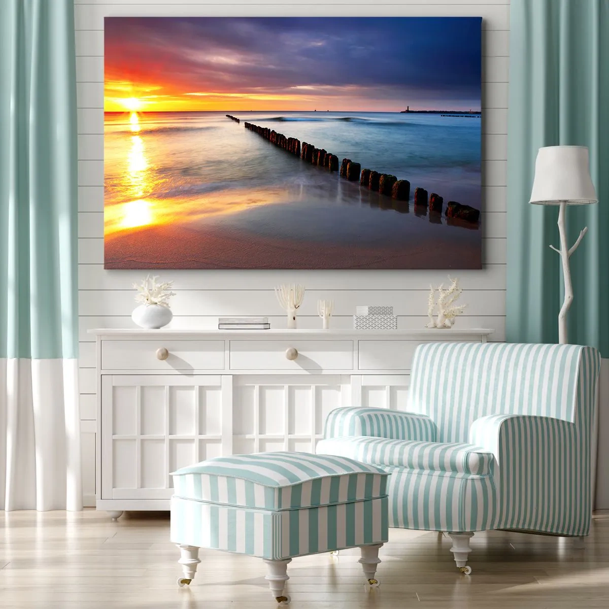 Cuadro sobre lienzo - Impresión de Imagen - Puesta de sol sobre el mar con un rompeolas en primer plano - 120x80cm - Escuchar el silencio - Decoración de pared moderna para salón y dormitorio ARTTOR