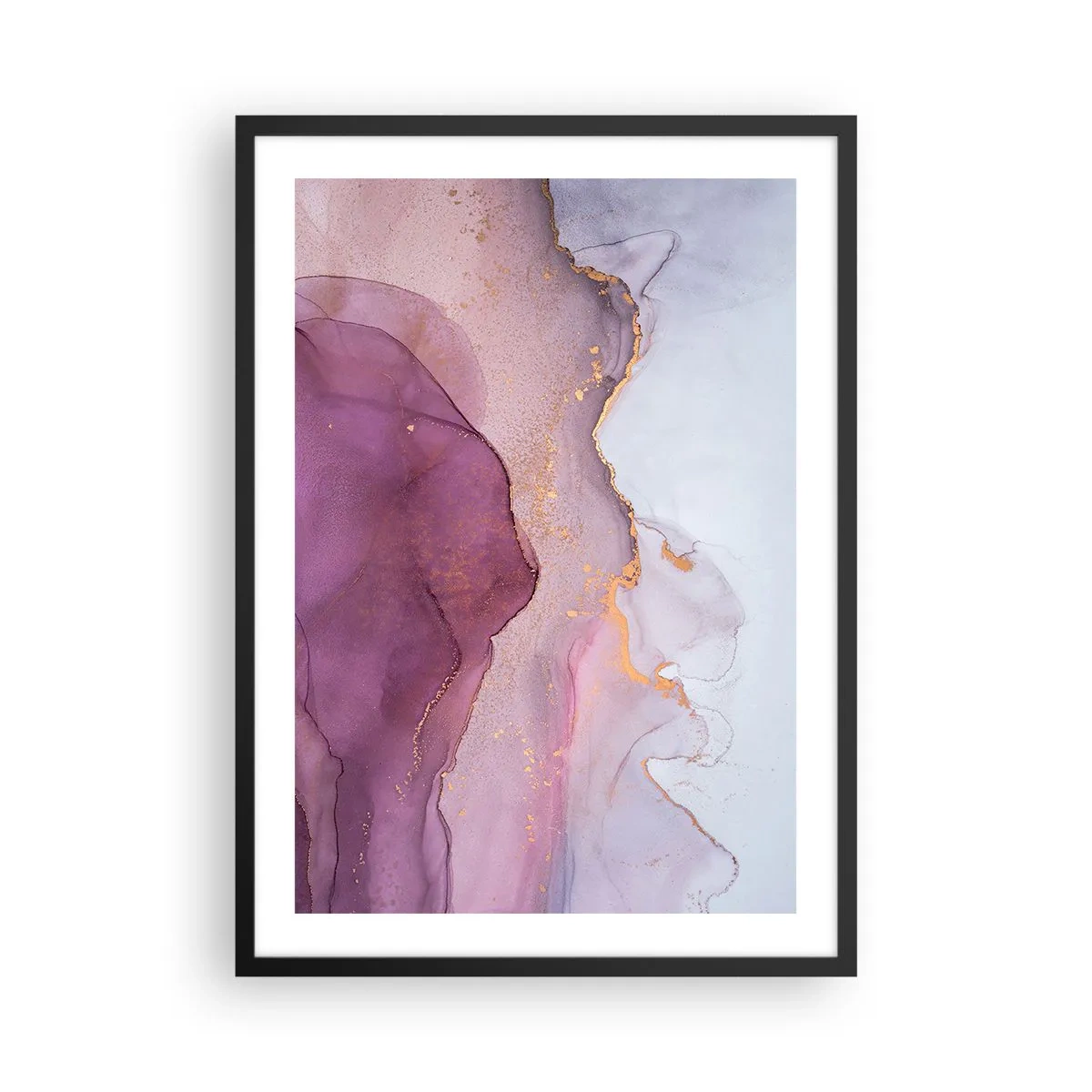 Póster en marco negro - Ondas abstractas en tonos lila y morado con acentos dorados. - 50x70cm - Olas de lila y púrpura - Decoración de pared moderna para salón y dormitorio ARTTOR