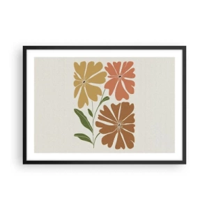 Póster en marco negro - Tres flores en colores cálidos sobre un fondo claro. - 70x50cm - Naturaleza y geometría - Decoración de pared moderna para salón y dormitorio ARTTOR