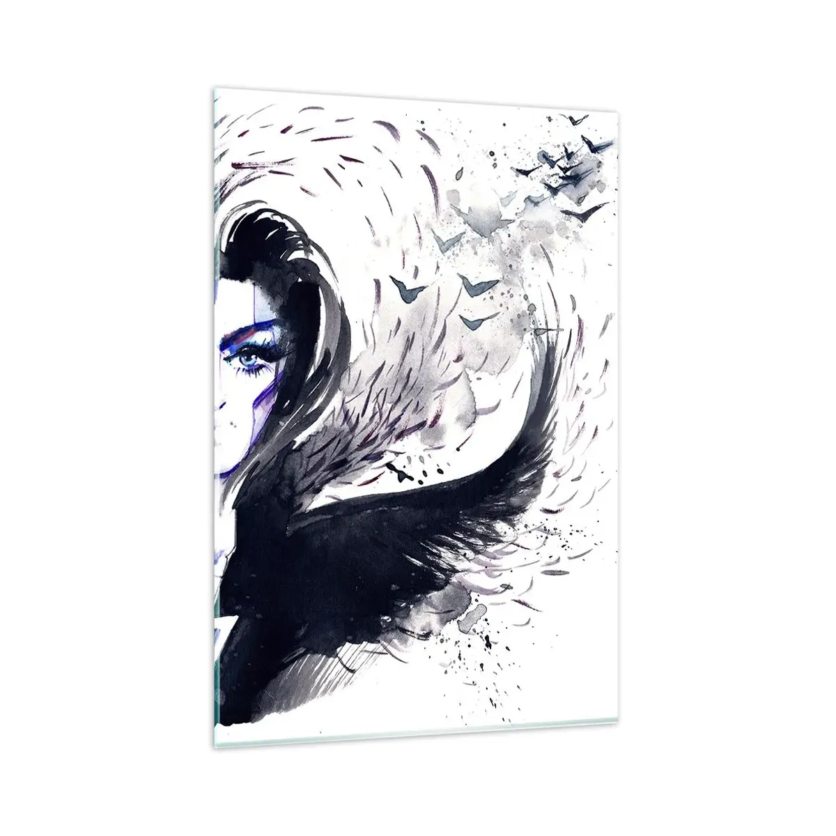 Cuadro sobre vidrio - Impresiones sobre Vidrio - Rostro abstracto con elementos contrastantes y motivo de ala. - 80x120cm - Demoníaca y hermosa - Decoración de pared moderna para salón y dormitorio ARTTOR