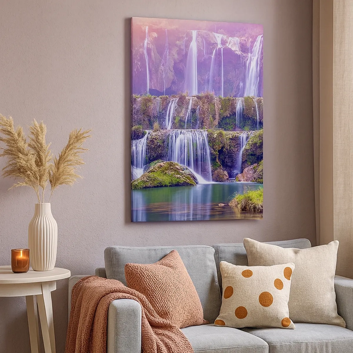 Cuadro sobre lienzo - Impresión de Imagen - Cascadas rodeadas de vegetación con iluminación pastel. - 50x70cm - Escalera al cielo - Decoración de pared moderna para salón y dormitorio ARTTOR