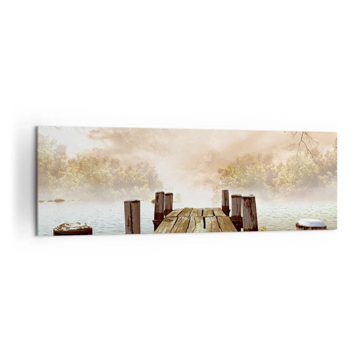Cuadro sobre lienzo - Impresión de Imagen - Un muelle de madera que conduce a un lago tranquilo en la niebla de la mañana. - 160x50cm - La leve tristeza del otoño - Decoración de pared moderna para salón y dormitorio ARTTOR