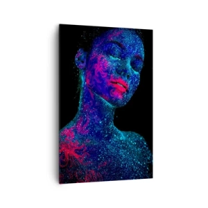 Cuadro sobre lienzo - Impresión de Imagen - Retrato de una mujer en colores neón sobre un fondo negro. - 80x120cm - En polvo de estrellas - Decoración de pared moderna para salón y dormitorio ARTTOR
