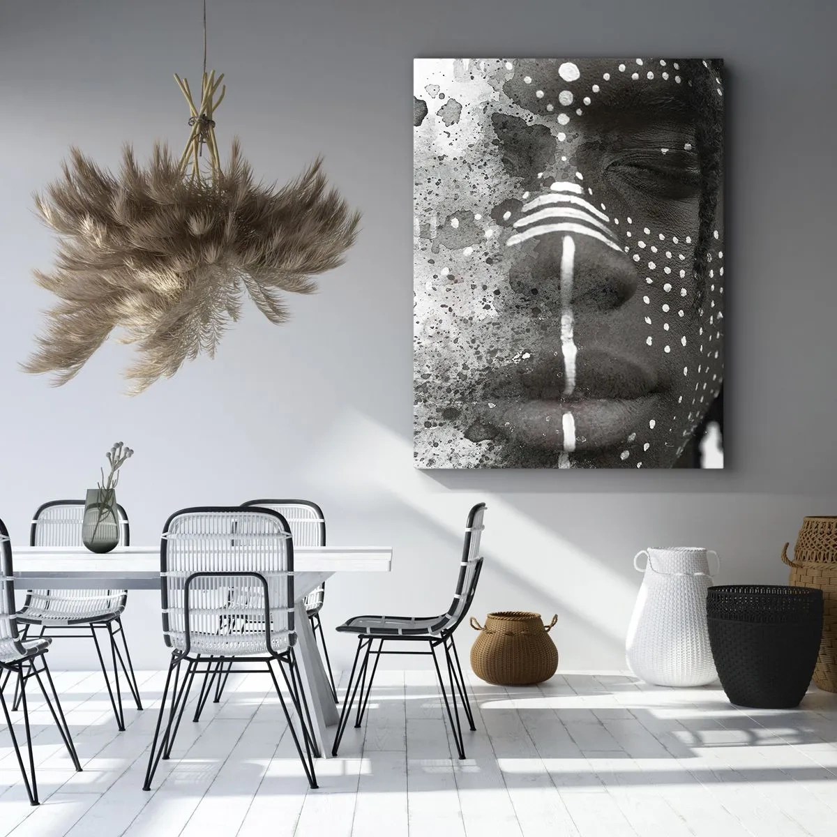 Cuadro sobre lienzo - Impresión de Imagen - Retrato artístico de rostro con patrones abstractos blancos. - 50x70cm - Descubrimiento del espíritu original - Decoración de pared moderna para salón y dormitorio ARTTOR