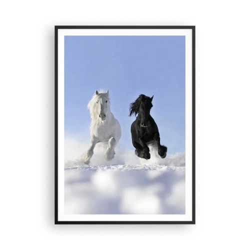 Póster en marco negro - Galope blanco y negro - 70x100 cm