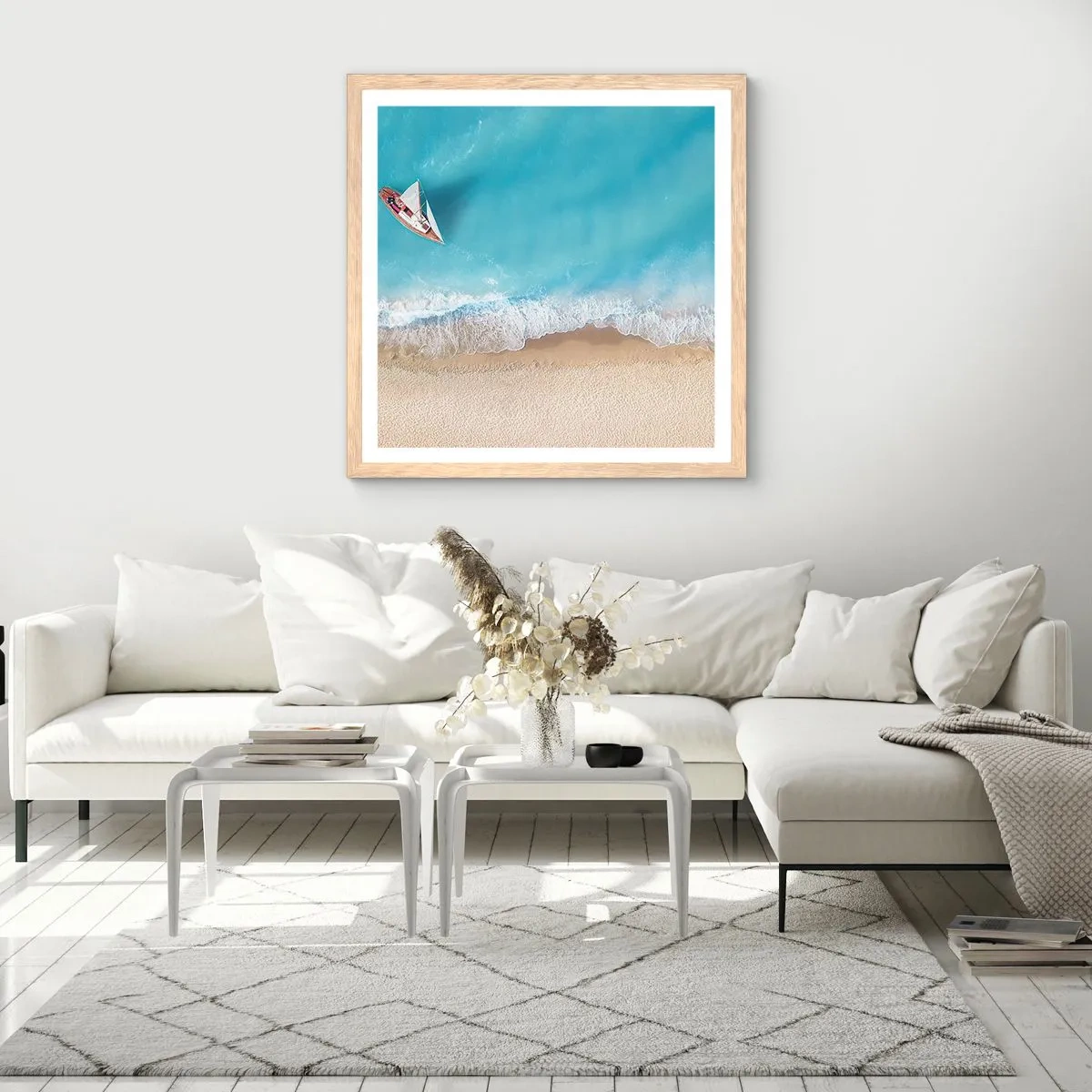 Póster en marco roble claro - Frontera celeste y dorada - 40x40 cm