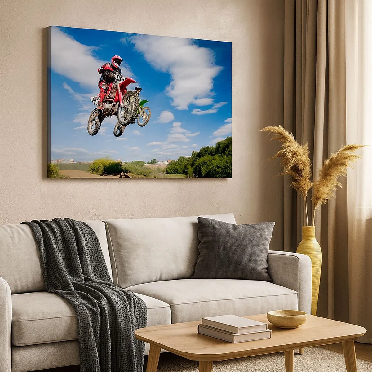 Cuadro sobre lienzo - Impresión de Imagen - Pilotos de motocross en el aire durante un salto - 70x50cm - Salto del cielo - Decoración de pared moderna para salón y dormitorio ARTTOR