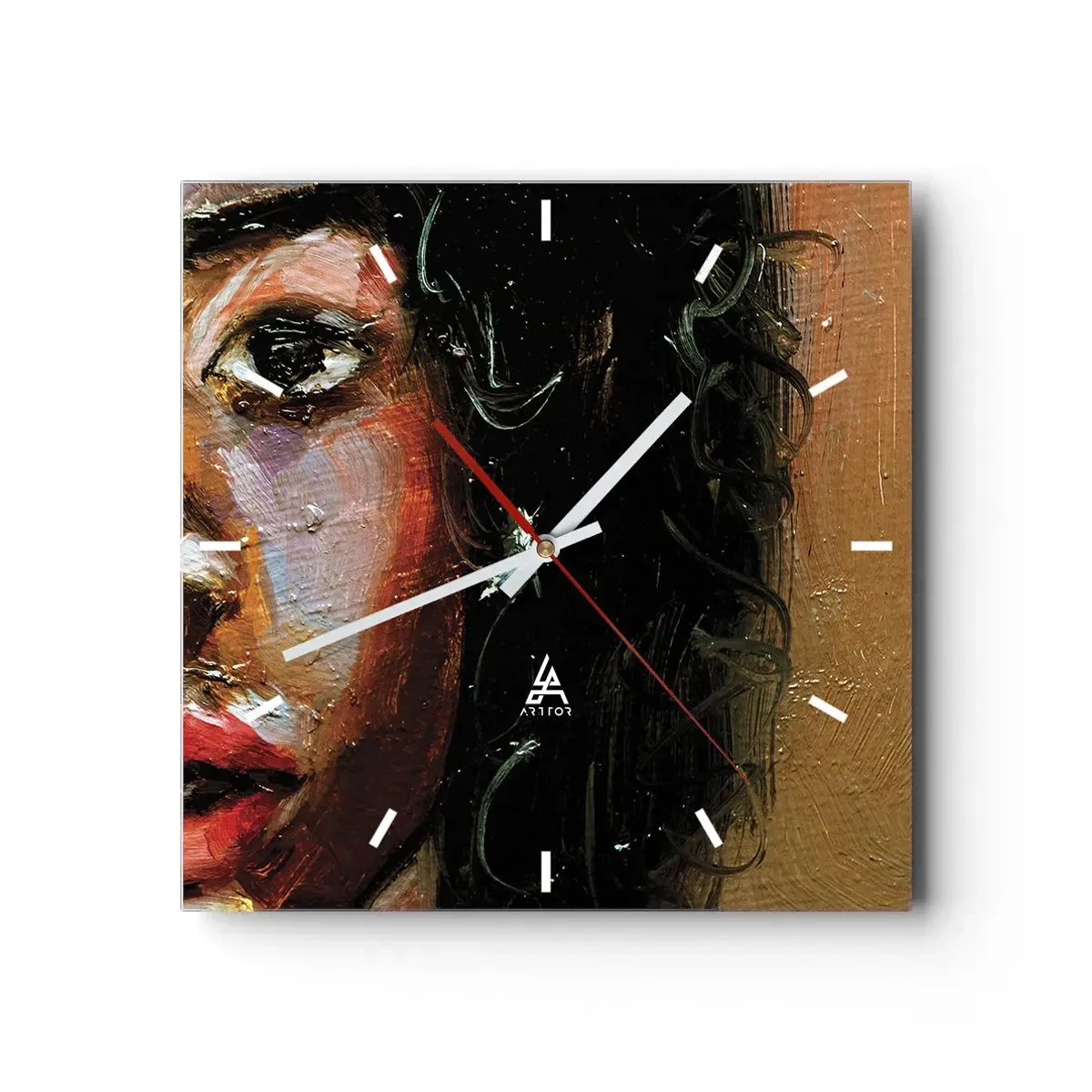 Reloj de pared - Reloj de vidrio - Un retrato expresivo de una mujer en colores intensos. - 30x30cm - La mitad de mi ser - Decoración de pared moderna para salón y dormitorio ARTTOR