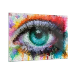 Cuadro sobre vidrio - Impresiones sobre Vidrio - Un ojo geométrico en colores vibrantes con efecto cristal. - 100x70cm - El brillo cristalino de los ojos - Decoración de pared moderna para salón y dormitorio ARTTOR