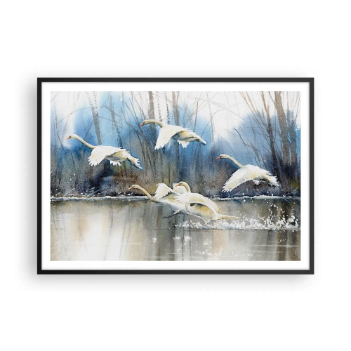 Póster en marco negro - Cisnes en vuelo sobre un lago congelado en un paisaje invernal - 100x70cm - Como en un cuento de cisnes salvajes - Decoración de pared moderna para salón y dormitorio ARTTOR