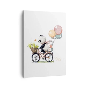 Cuadro sobre lienzo - Impresión de Imagen - Panda en bicicleta con globos y flores. - 50x70cm - Un día feliz - Decoración de pared moderna para salón y dormitorio ARTTOR