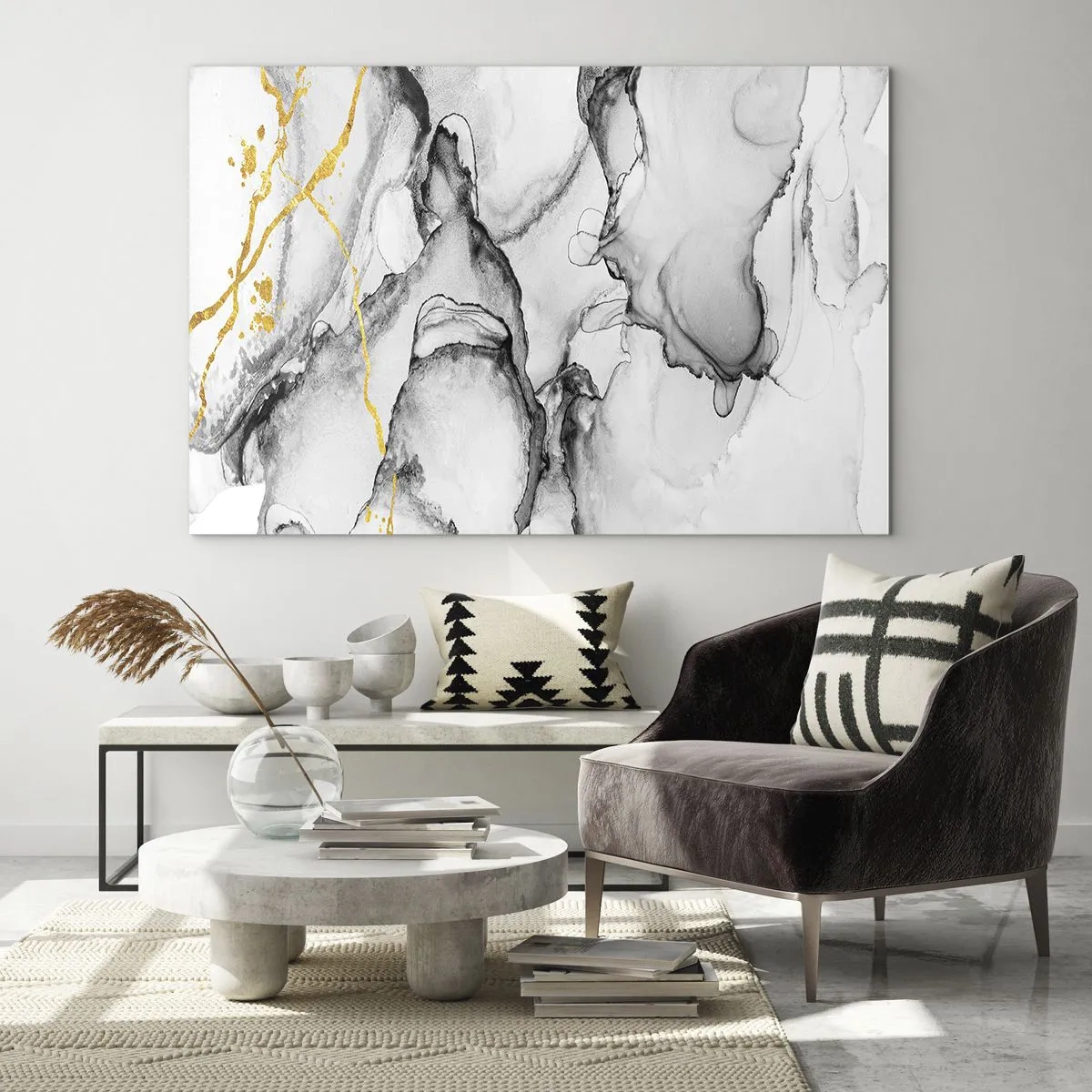 Cuadro sobre vidrio - Impresiones sobre Vidrio - Composición abstracta en blanco y negro con acento dorado. - 70x50cm - Composición con motivo de oro - Decoración de pared moderna para salón y dormitorio ARTTOR
