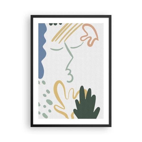 Póster en marco negro - Retrato abstracto en pasteles - 50x70cm - Un beso de flores - Decoración de pared moderna para salón y dormitorio ARTTOR