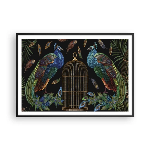 Póster en marco negro - Pavos reales junto a una jaula dorada sobre un fondo negro - 100x70cm - Con plumajes reales - Decoración de pared moderna para salón y dormitorio ARTTOR