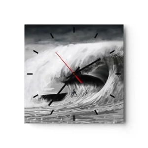 Reloj de pared - Reloj de vidrio - Ola oceánica dramática en monocromo - 30x30cm - La ira del océano - Decoración de pared moderna para salón y dormitorio ARTTOR