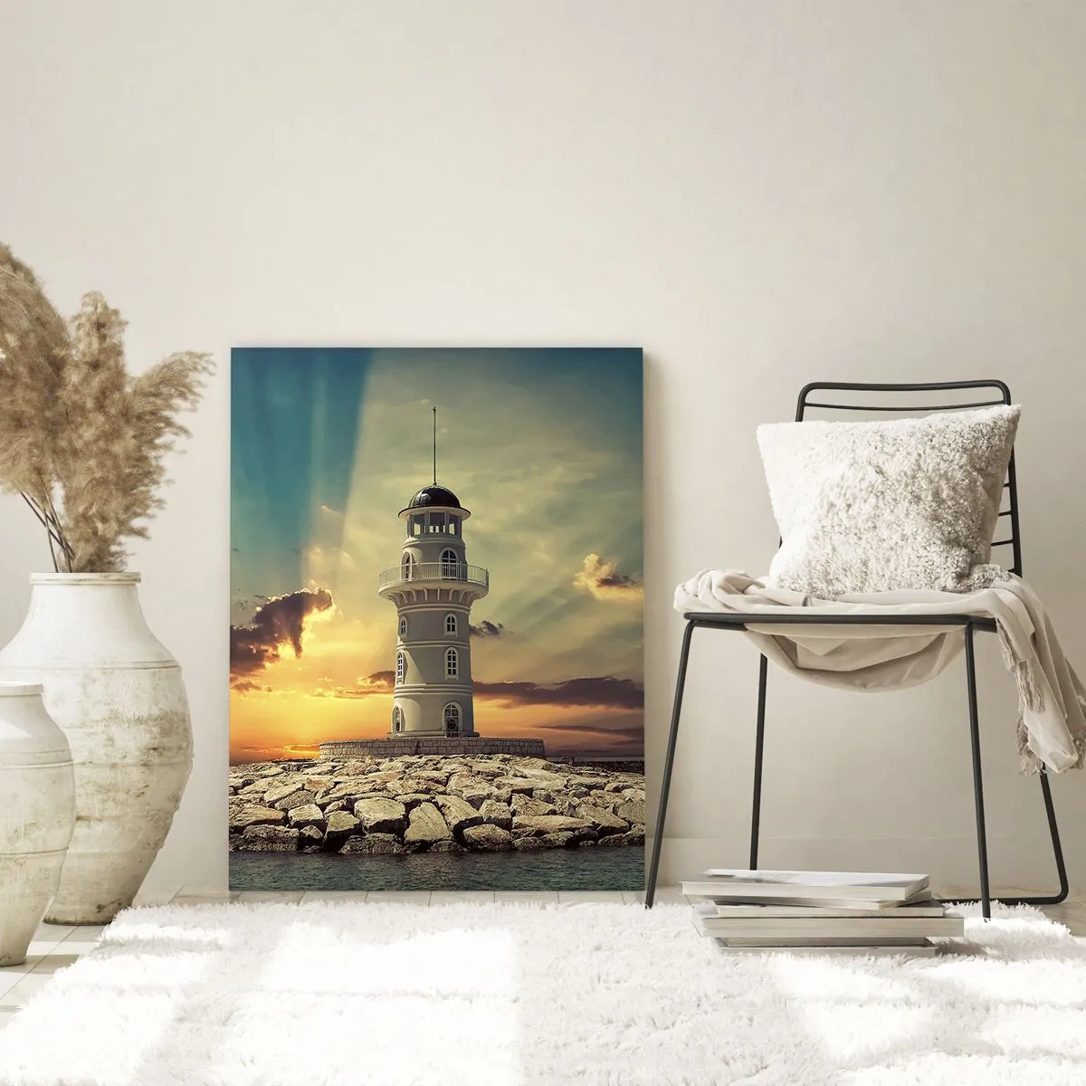 Cuadro sobre vidrio - Impresiones sobre Vidrio - Un faro al atardecer contra el cielo. - 70x100cm - Luz - Bondad - Belleza - Decoración de pared moderna para salón y dormitorio ARTTOR