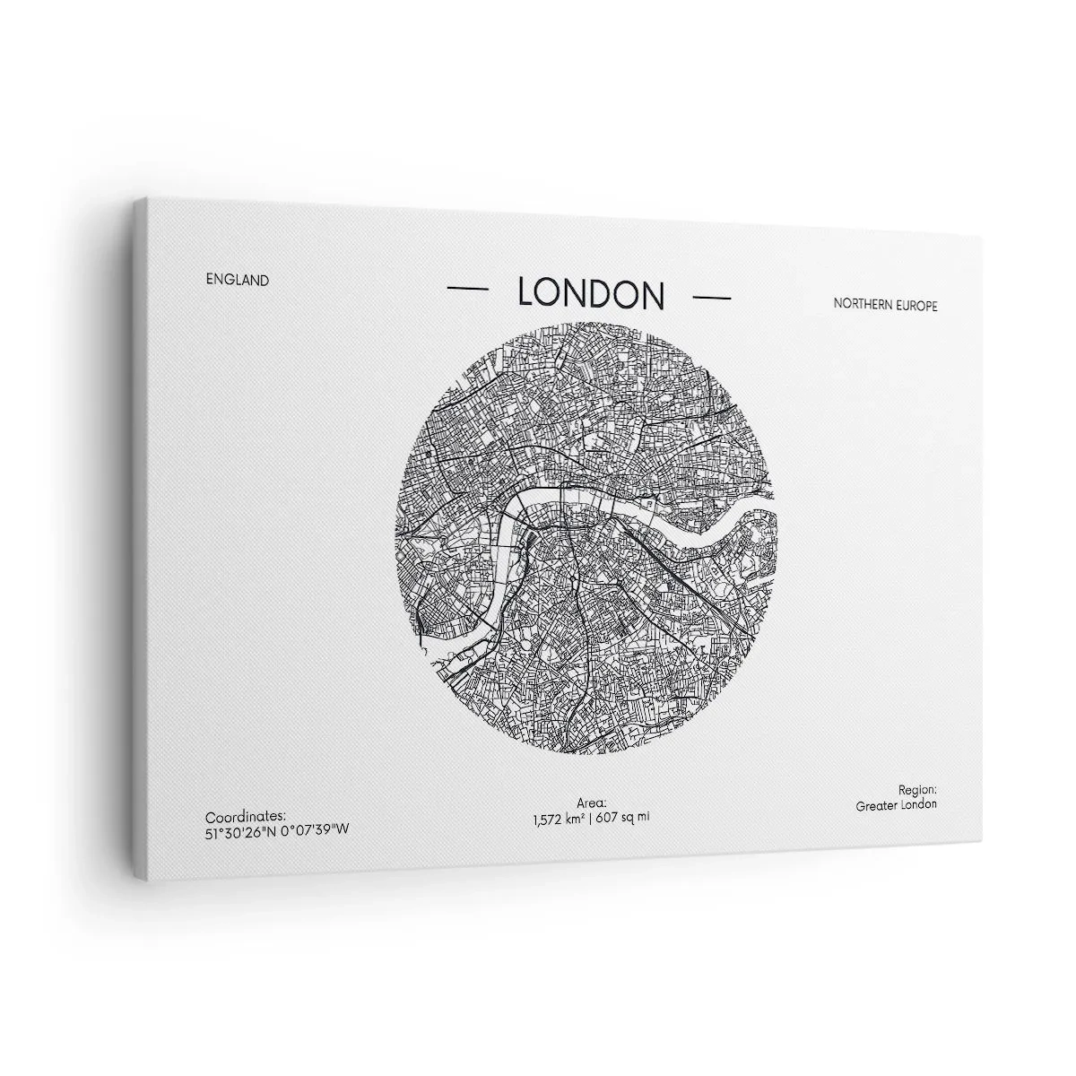 Cuadro sobre lienzo - Impresión de Imagen - Un mapa minimalista de Londres en blanco y negro con detalles precisos. - 70x50cm - Anatomía de Londres - Decoración de pared moderna para salón y dormitorio ARTTOR