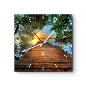 Reloj de pared - Reloj de vidrio - Un muelle de madera rodeado de vegetación durante la puesta de sol. - 30x30cm - Tómate tu tiempo, siéntate - Decoración de pared moderna para salón y dormitorio ARTTOR