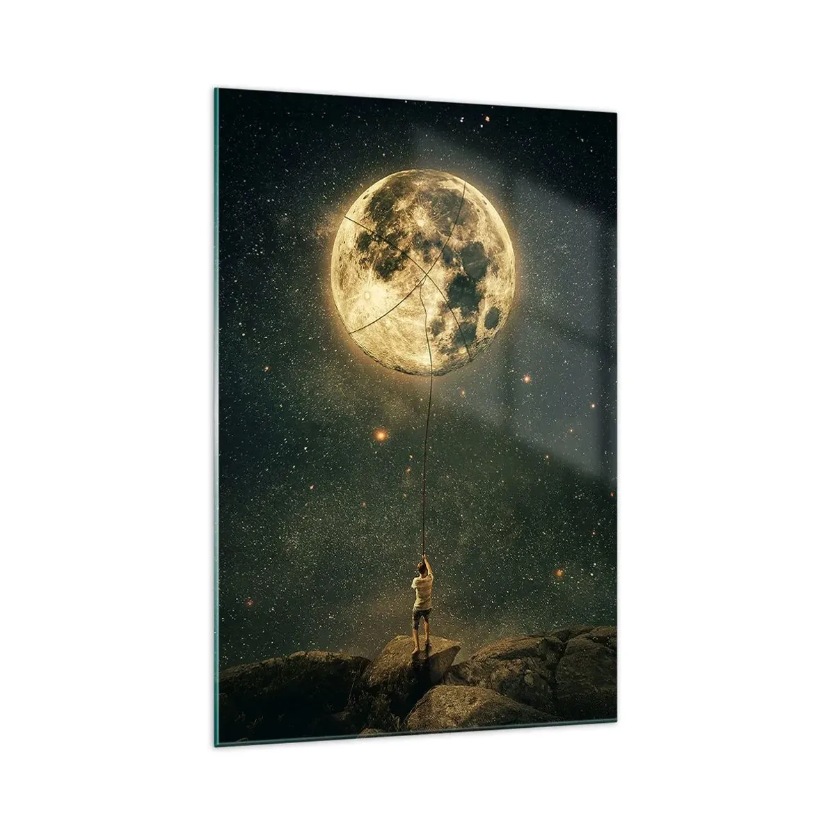 Cuadro sobre vidrio - Impresiones sobre Vidrio - Hombre con la luna contra el cielo estrellado - 70x100cm - El que robó la luna - Decoración de pared moderna para salón y dormitorio ARTTOR