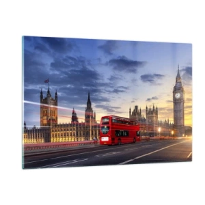 Cuadro sobre vidrio - Impresiones sobre Vidrio - El Big Ben y el autobús rojo en Londres al atardecer - 120x80cm - Lo más característico - Decoración de pared moderna para salón y dormitorio ARTTOR