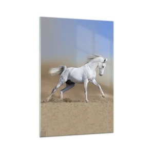Cuadro sobre vidrio - Impresiones sobre Vidrio - Un caballo blanco galopando a través de un paisaje desértico. - 70x100cm - El más bello cuento de hadas árabe - Decoración de pared moderna para salón y dormitorio ARTTOR