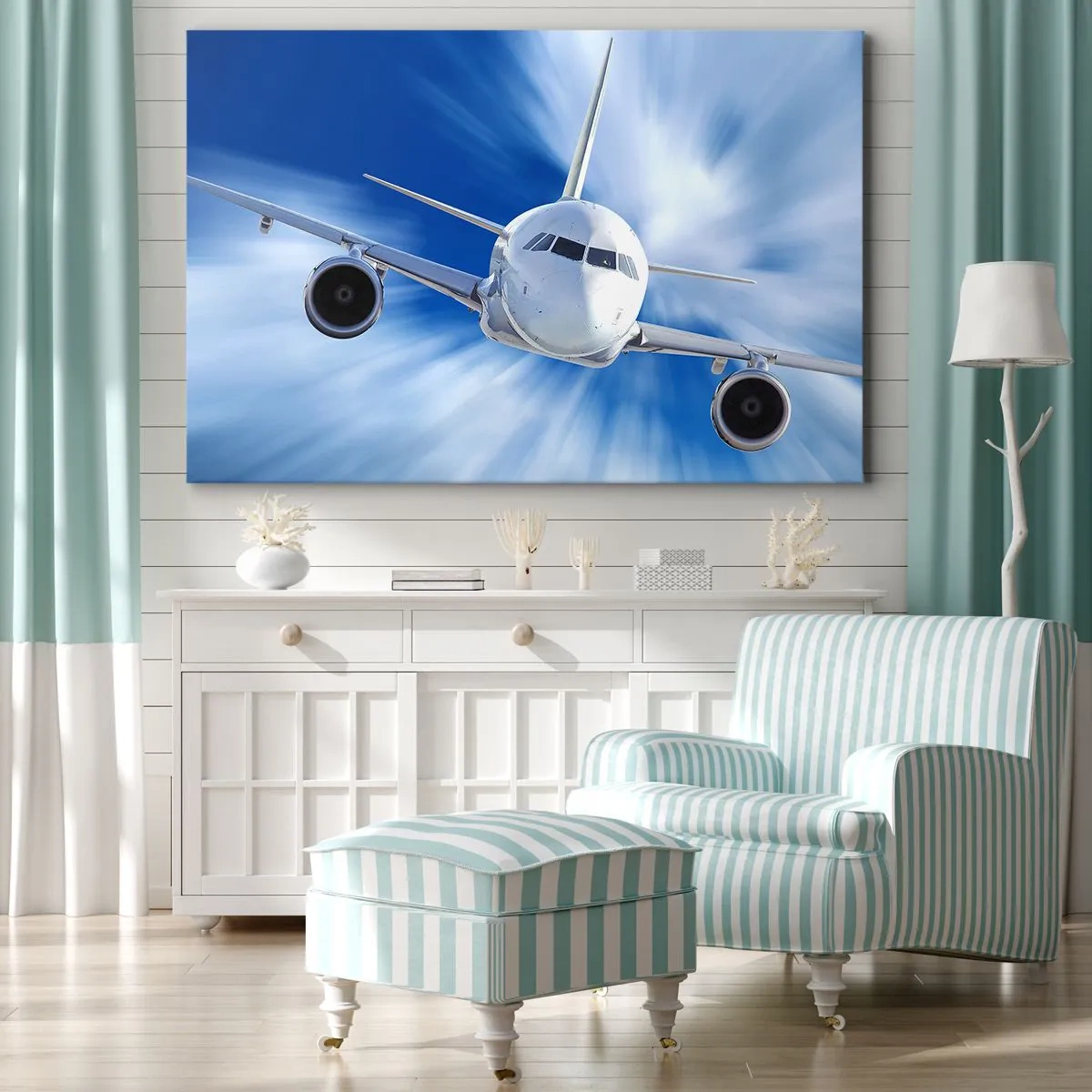 Cuadro sobre lienzo - Impresión de Imagen - Un avión de pasajeros en movimiento contra el cielo. - 70x50cm - Más rápido que el viento en el cielo - Decoración de pared moderna para salón y dormitorio ARTTOR