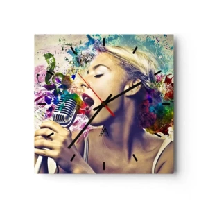 Reloj de pared - Reloj de vidrio - Retrato artístico de una mujer cantando con efectos coloridos. - 30x30cm - Pinta el mundo con tu voz - Decoración de pared moderna para salón y dormitorio ARTTOR