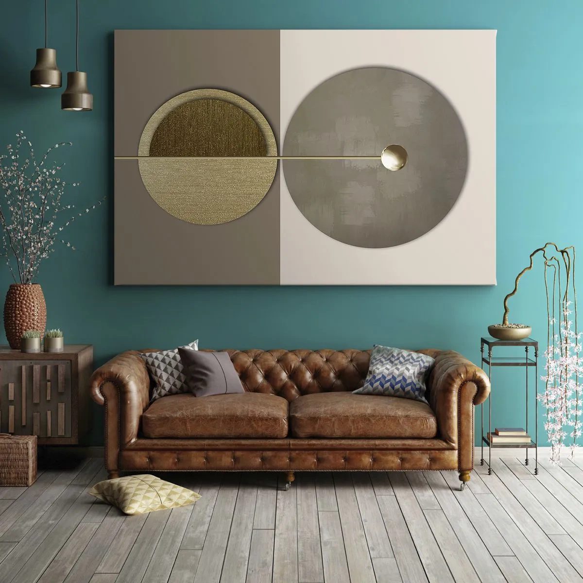 Cuadro sobre lienzo - Impresión de Imagen - Círculos abstractos en tonos dorados y beige. - 70x50cm - Equilibrio perfecto - Decoración de pared moderna para salón y dormitorio ARTTOR