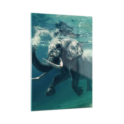 Cuadro sobre vidrio - Impresiones sobre Vidrio - Un elefante nadando bajo el agua en el océano azul. - 50x70cm - A todos nos gusta nadar - Decoración de pared moderna para salón y dormitorio ARTTOR