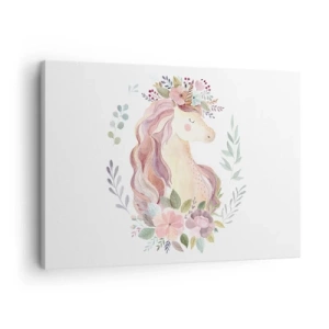 Cuadro sobre lienzo - Impresión de Imagen - Un unicornio en colores pastel rodeado de flores. - 70x50cm - Una invitación al mundo de los cuentos de hadas - Decoración de pared moderna para salón y dormitorio ARTTOR