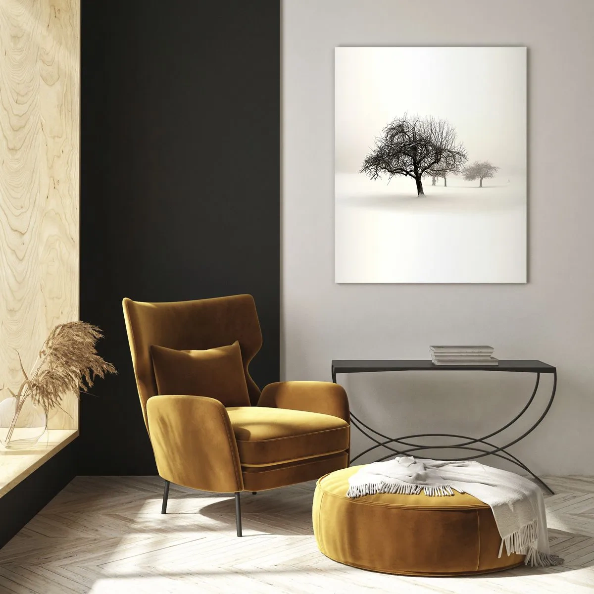 Cuadro sobre vidrio - Impresiones sobre Vidrio - Árboles en un campo cubierto de nieve rodeado de niebla. - 80x120cm - Sueño de invierno - Decoración de pared moderna para salón y dormitorio ARTTOR