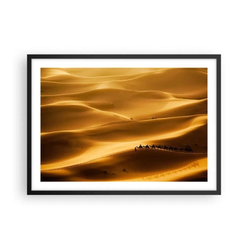 Póster en marco negro - Una caravana de camellos vagando por las dunas doradas del desierto. - 70x50cm - Caravana sobre las olas del desierto - Decoración de pared moderna para salón y dormitorio ARTTOR