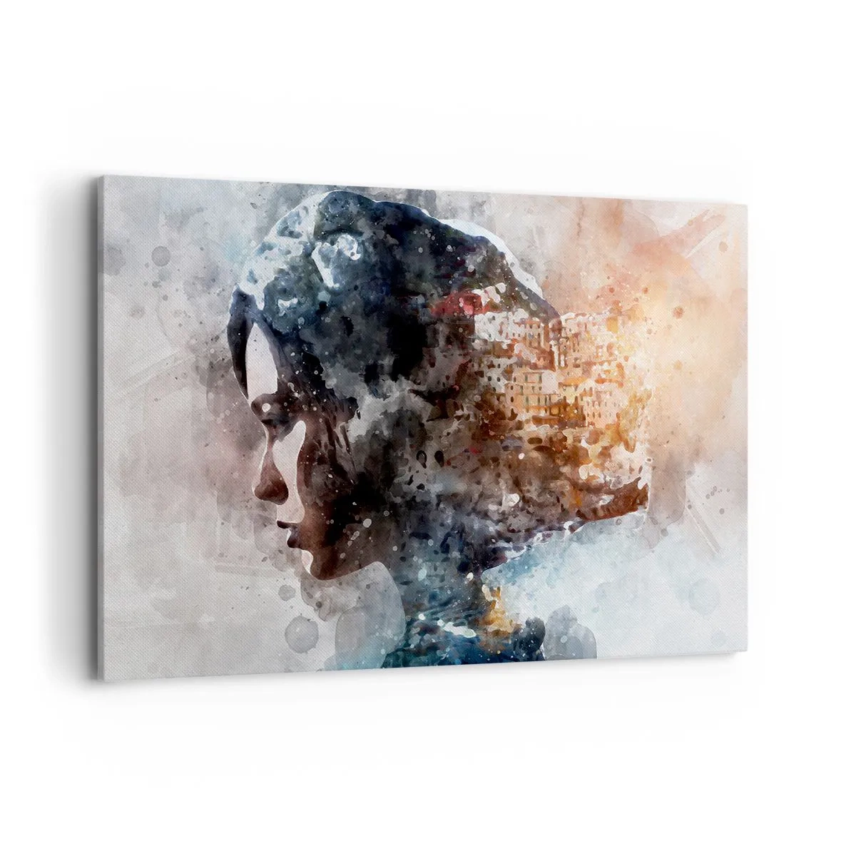 Cuadro sobre lienzo - Impresión de Imagen - Retrato de una mujer que combina su rostro con un paisaje urbano de fondo. - 120x80cm - Una historia sobre una niña con una ciudad de fondo - Decoración de pared moderna para salón y dormitorio ARTTOR
