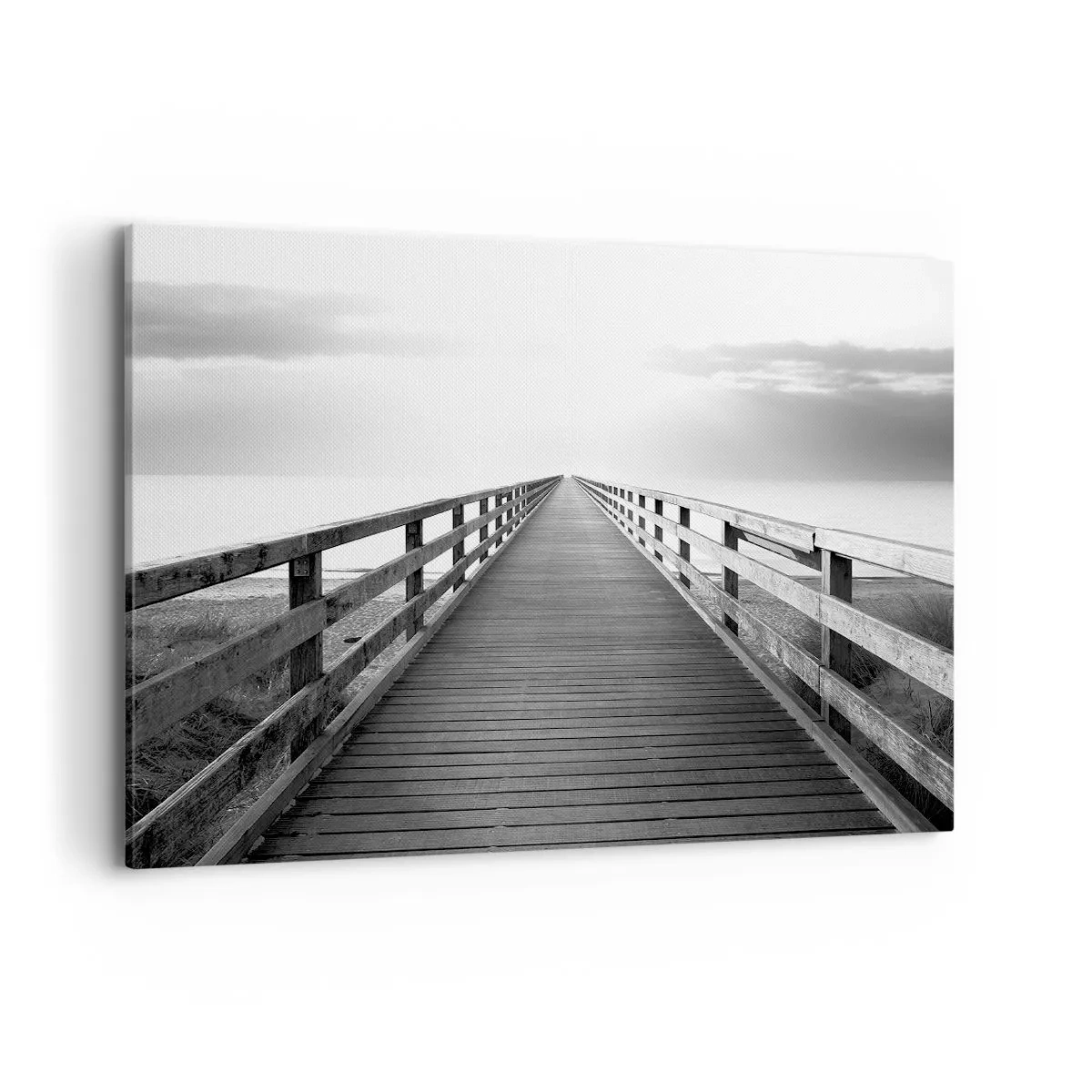 Cuadro sobre lienzo - Impresión de Imagen - Una imagen en blanco y negro de un embarcadero de madera que conduce hacia el horizonte. - 100x70cm - En la distancia... - Decoración de pared moderna para salón y dormitorio ARTTOR